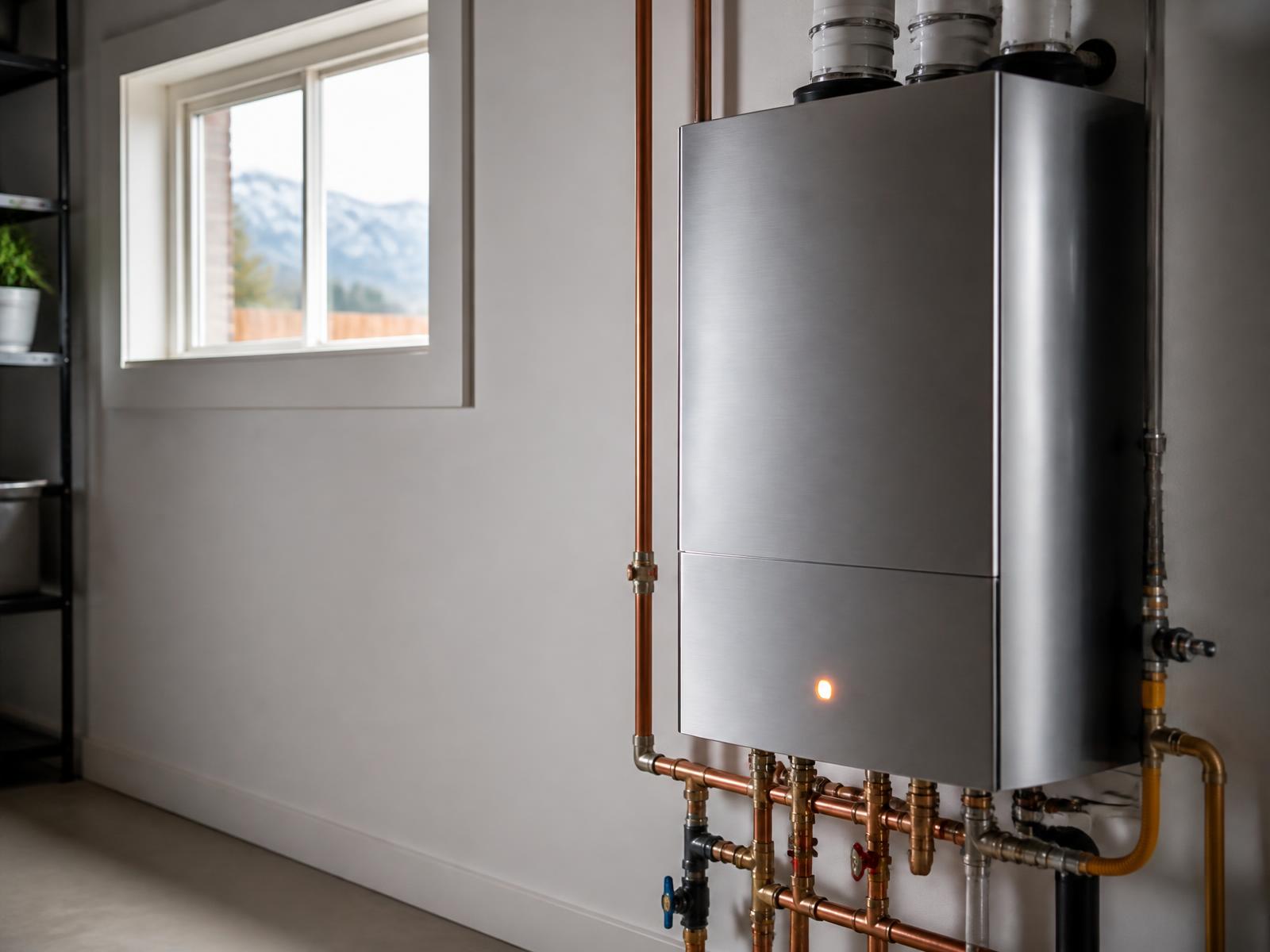 Modern residential tankless water heater installed in an Aurora, Colorado home