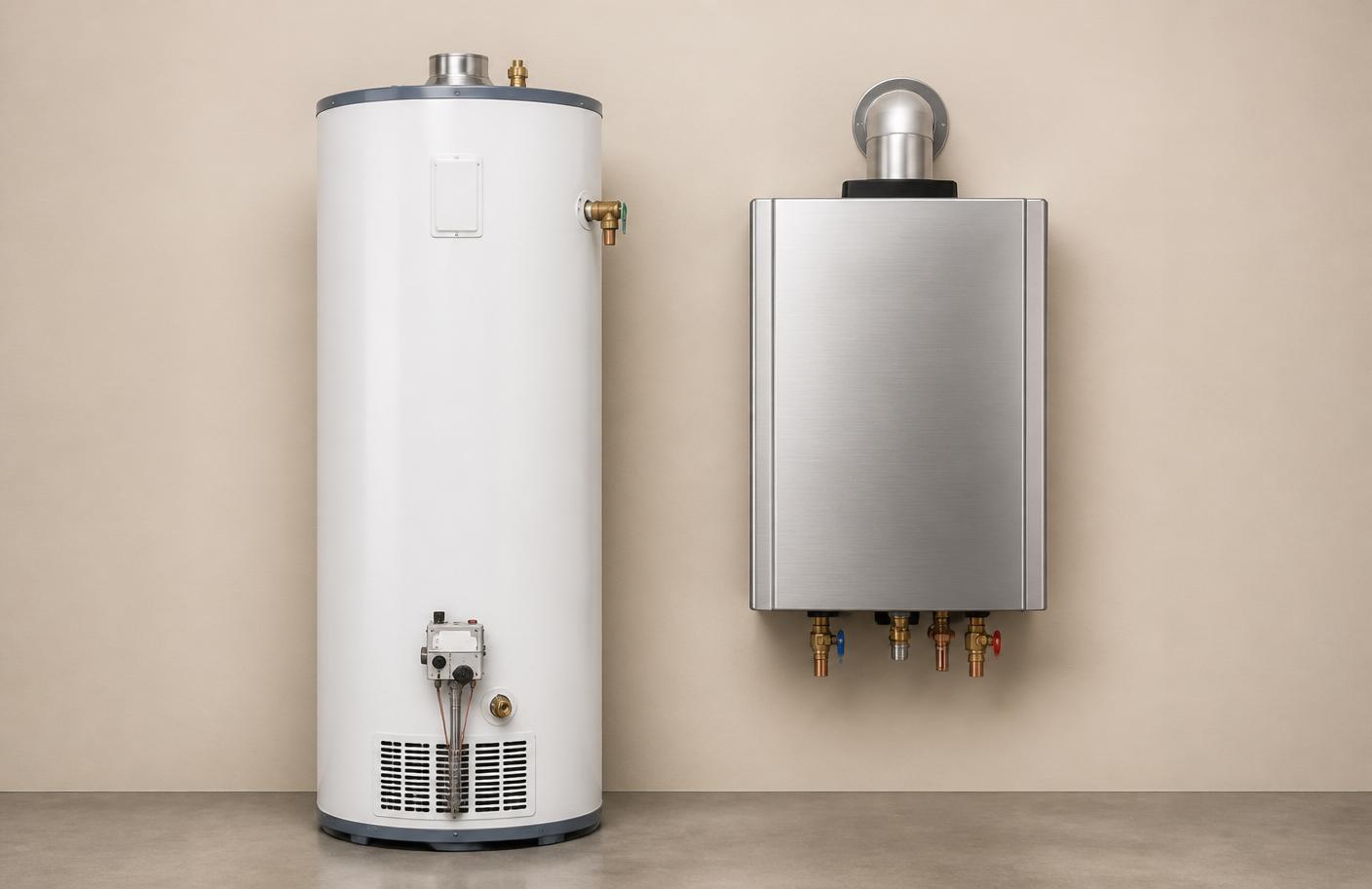 Side-by-side comparison of a traditional tank water heater and a wall-mounted tankless unit