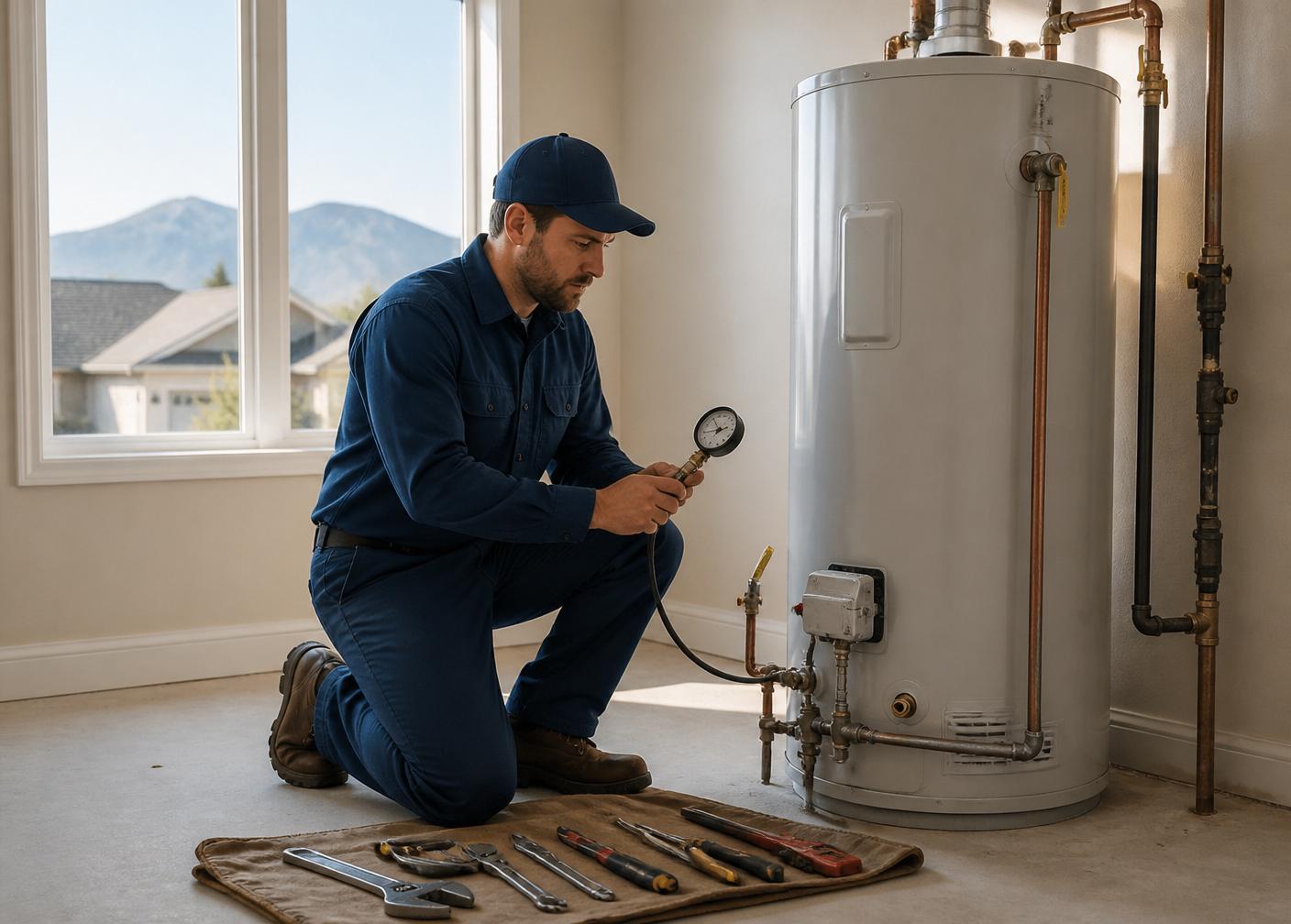 Licensed technician servicing a residential tank water heater in an Aurora, Colorado utility room